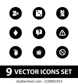 Risk icon. collection of 9 risk filled icons such as diamonds, dice, casino bet, domino, no smoking, dynamite, exclamation. editable risk icons for web and mobile.