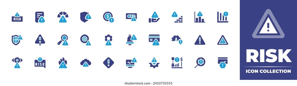 Risk icon collection. Duotone color. Vector and transparent illustration. Containing risk, risk management, risk assessment, coin, warning, identify, credit card, protection, caution, high temperature