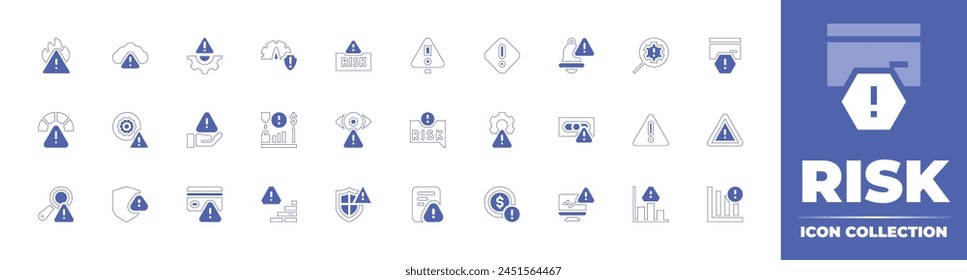 Colección de icono de riesgo. Trazo de línea de estilo duotono y negrita. Ilustración vectorial. Conteniendo riesgo, gestión de riesgos, evaluación de riesgos, moneda, advertencia, identificar, tarjeta de crédito, protección, precaución.