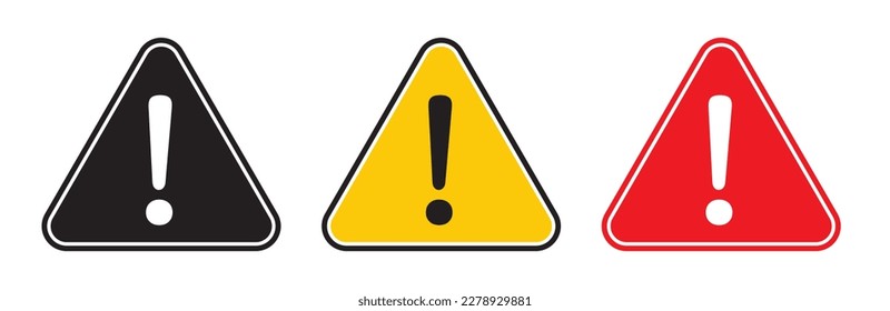 Icono de riesgo. Señal de atención del triángulo de alerta de peligro. Símbolo vector de precaución. Marca de exclamación. Amenaza de seguridad o signo de fracaso. Icono de error. 