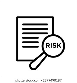 Risk icon. financial report data audit with magnify glass and find error or fraud while inspection symbol mark. report document with adverse risk factor vector logo. harmful result find sign