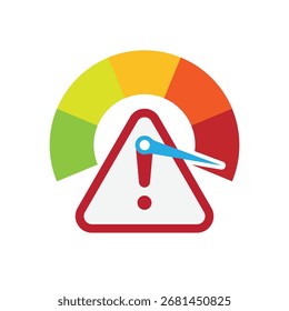 Icono de riesgo. Gestión. Velocímetro con signo de exclamación dentro de un triángulo rojo. Oficina, equipo, análisis. estilo de diseño plano.