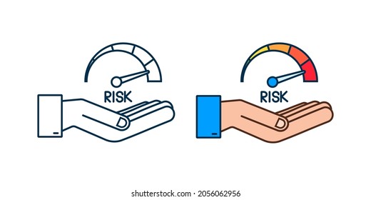 Risk icon on speedometer in hands. High risk meter. Vector stock illustration.