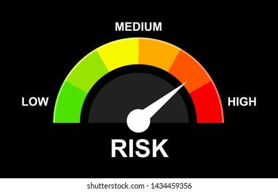 Risk icon on speedometer. High risk meter isolated on black. Vector illustration concept