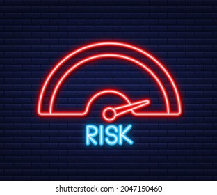Risk icon on speedometer. High risk meter. Neon icon. Vector illustration.