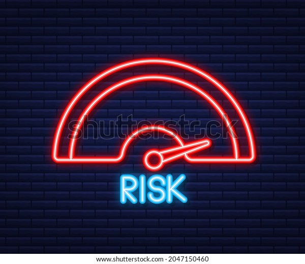 Risk icon on speedometer. High risk meter.\
Neon icon. Vector\
illustration.