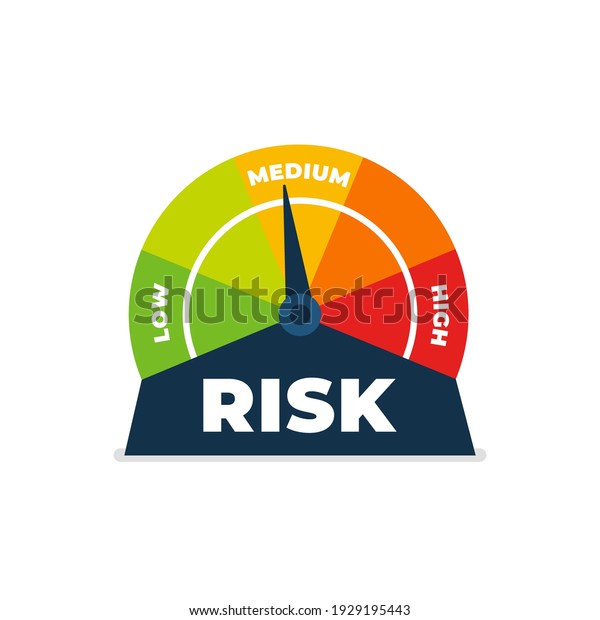 Risk icon on speedometer. Medium risk meter.\
isolated on white\
background.