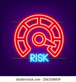 Risk icon on speedometer. Neon icon. High risk meter. Vector illustration