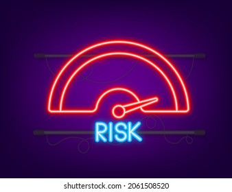 Risk icon on speedometer. Neon icon. High risk meter. Vector illustration