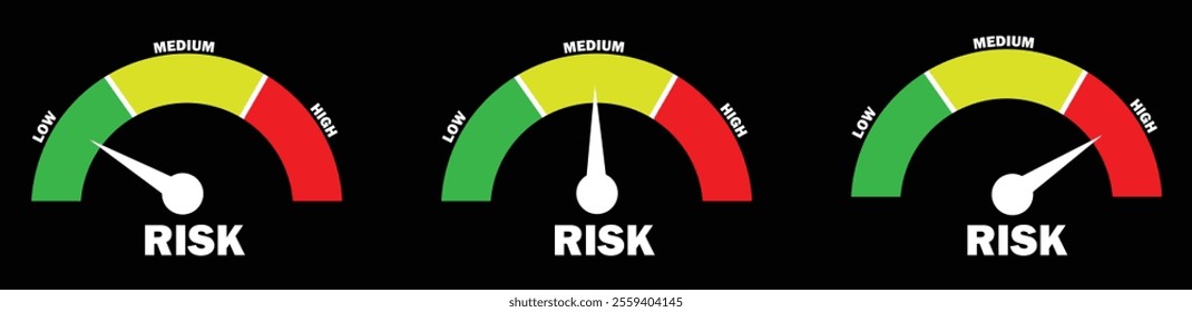 Risk icon on speedometer. Scale Low, Medium or High risk on speedometer. Speedometer concept. Risk Gauge Scale Measure High, Medium and Low Risk gauge set.  Speedometer scale icon isolated set.