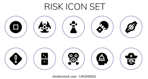 risk icon set. 10 filled risk icons.  Simple modern icons about  - Stop, Danger, Biohazard, Dominoes, Poison, Gas mask, Parachute, Alert, Belt, Skull