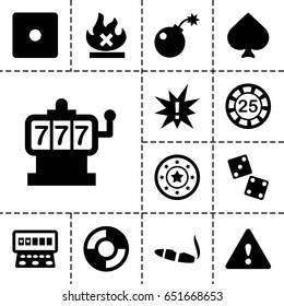 Risk icon. set of 13 filled riskicons such as spades, slot machine, 25 casino chip, casino chip, dice, cigarette, no fire, warning, lifebuoy, bomb, exclamation