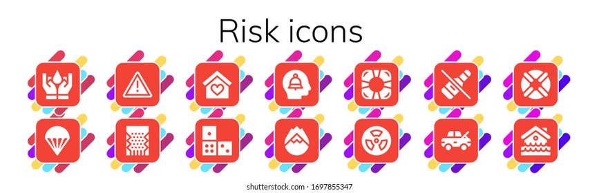 risk icon set. 14 filled risk icons. Included Insurance, Parachute, Warning, Slot machine, Domino, Alert, Forest fire, Lifesaver, Radioactive, No alcohol, Damage, Lifebuoy icons