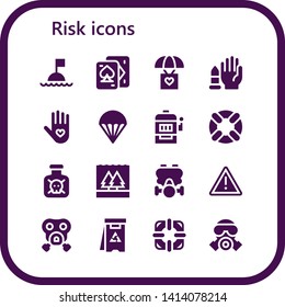 risk icon set. 16 filled risk icons.  Collection Of - Buoy, Playing cards, Parachute, No weapons, Insurance, Slot machine, Lifesaver, Toxic, Flood, Gas mask, Warning, Danger