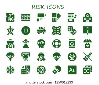  risk icon set. 30 filled risk icons. Simple modern icons about  - Malware, Slot machine, Security camera, Domino, Casino, Wingsuit, Stop, Damage, Dice, Alert, Gas mask, Poison