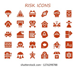  risk icon set. 30 filled risk icons. Simple modern icons about  - Parachute, Warning, Safety, Belt, Skull, Online gambling, Dangerous, Slot machine, Gas mask, Insurance, Accident