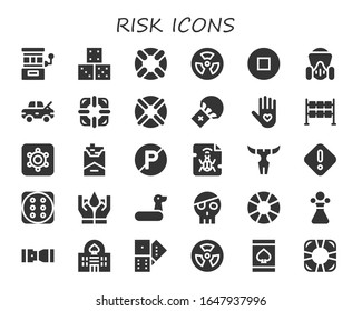 risk icon set. 30 filled risk icons.  Simple modern icons such as: Slot machine, Dice, Lifesaver, Radioactive, Stop, Gas mask, Damage, Lifebuoy, Parachute, Insurance, Hidden camera