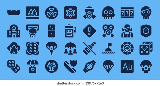 risk icon set. 32 filled risk icons. on blue background style Collection Of - Ashtray, Casino, Dangerous, Dice, Flood, Slot machine, Parachute, Radioactive, Dominoes, Biohazard