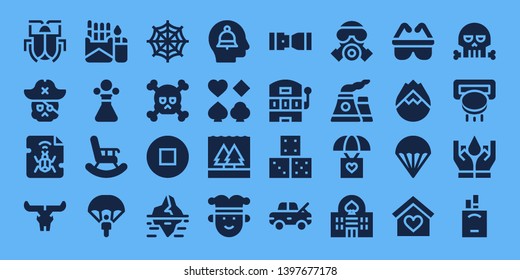risk icon set. 32 filled risk icons. on blue background style Collection Of - Malware, Skull, Cigarette, Poison, Retirement, Parachute, Spider web, Stop, Iceberg, Alert, Poker