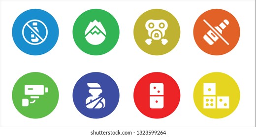 risk icon set. 8 filled risk icons.  Collection Of - No alcohol, Security camera, Forest fire, Accident, Gas mask, Dominoes, Domino