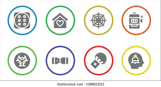 risk icon set. 8 filled risk icons.  Collection Of - Dice, Biohazard, Insurance, Seat belt, Spider web, Parachute, Slot machine, Alert