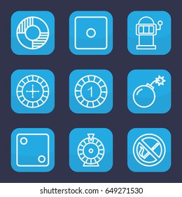 Risk icon. set of 9 outline risk icons such as roulette, 1 casino chip, dice, slot machine, lifebuoy, bomb