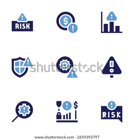 Risk icon set. Bold style. Duotone colors. risk assessment, coin, protection, high temperature, identify, risk.