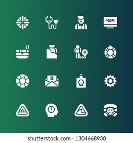 risk icon set. Collection of 16 filled risk icons included Gas mask, Tsunami, Warning, Flood, Explosion, Poison, Malware, Lifesaver, Restriction, Laser, Ashtray, Error, Croupier
