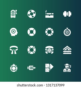 risk icon set. Collection of 16 filled risk icons included Gambler, Domino, Belt, Lifesaver, Flood, Gas mask, Roulette, Failure, Seatbelt, Cigarette, Jackpot