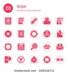 risk icon set. Collection of 20 filled risk icons included Radioactivity, Jackpot, Seat belt, Dices, Bingo, Lifebuoy, Radioactive, Lifesaver, Nuclear, Laser, Tsunami, Warning