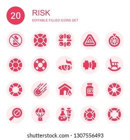 risk icon set. Collection of 20 filled risk icons included No drink, Lifesaver, Flood, Roulette, Cigar, Seatbelt, Retirement, Meteorite, Insurance, Poison, Lifebuoy, Error, Parachute