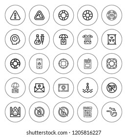 Risk icon set. collection of 25 outline risk icons with buoy, bingo, cigarettes, drought, joker, lifesaver, malware, lifebuoy, nuclear, no drugs icons. editable icons.