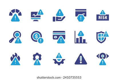 Risikosymbol-Set. Duotonfarbe. Vektorgrafik. Enthält Risiko, Risikomanagement, Risikobewertung, Münze, Identifikation, Kreditkarte, Schutz, Vorsicht, Notfall, überwacht, Diagnose, Warnung.