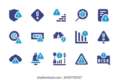 Risk icon set. Duotone color. Vector illustration. Containing warning, high temperature, danger, identify, cloud, alert, risk, money, risk assessment, interruption.