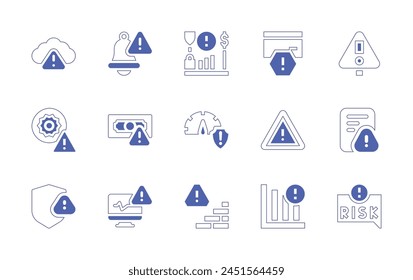 Risk icon set. Duotone style line stroke and bold. Vector illustration. Containing warning, high temperature, cloud, alert, risk, money, risk assessment, interruption, danger, diagnostic.