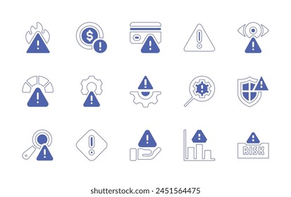 Risk icon set. Duotone style line stroke and bold. Vector illustration. Containing risk, risk management, risk assessment, coin, identify, credit card, protection, caution, emergency, monitored.