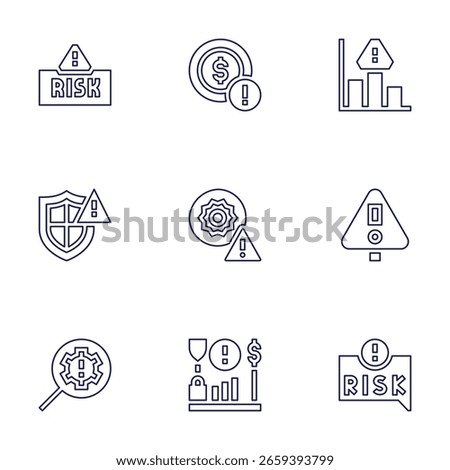 Risk icon set. Line style. Editable stroke. risk assessment, coin, protection, high temperature, identify, risk.