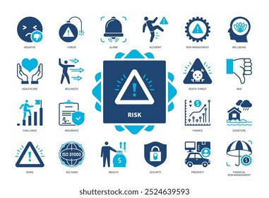 Conjunto de iconos de riesgo. Negativo, Alarma, Audacia, Seguridad, Desafío, Seguro, Desastres, Amenaza. Iconos sólidos de color duotono