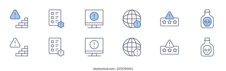 Risk icon set in two styles, Duotone and Thin Line style. Editable stroke. alert, world, reputational risk, evaluation, computer, poison.