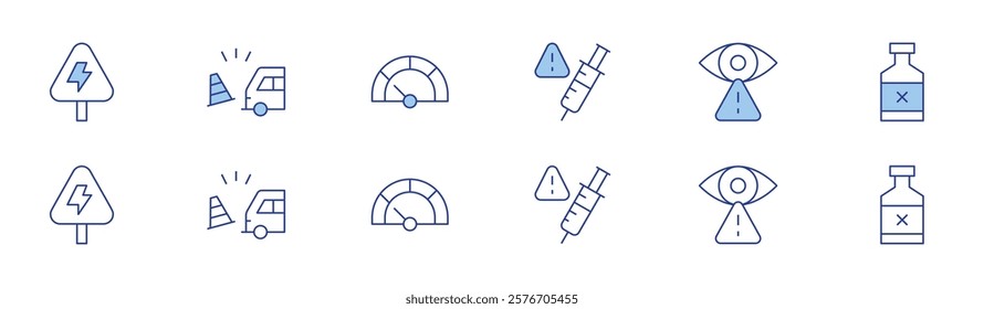 Risk icon set in two styles, Duotone and Thin Line style. Editable stroke. high voltage, risk, monitored, poison, car.