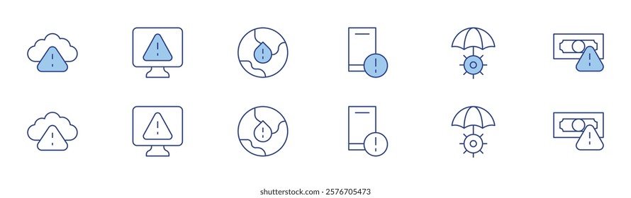 Risk icon set in two styles, Duotone and Thin Line style. Editable stroke. mobile, risk, money, cloud, alert, water shortage.