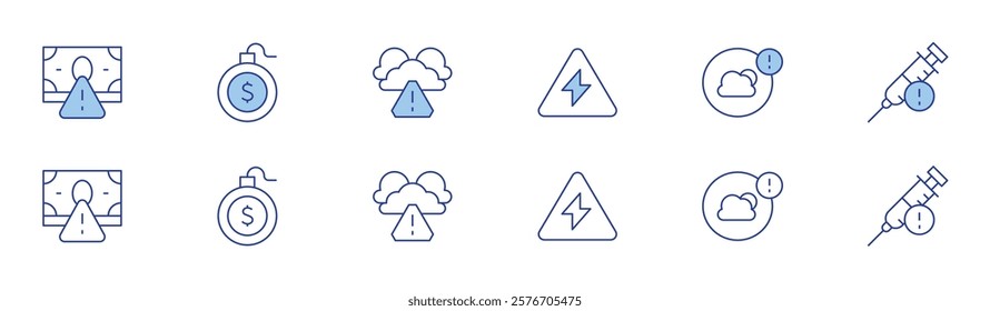 Risk icon set in two styles, Duotone and Thin Line style. Editable stroke. economic crisis, bankruptcy, voltage, weather, risk, hazardous.