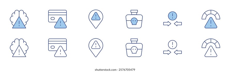 Risk icon set in two styles, Duotone and Thin Line style. Editable stroke. poison, confrontation, brain, credit card, risk, location.