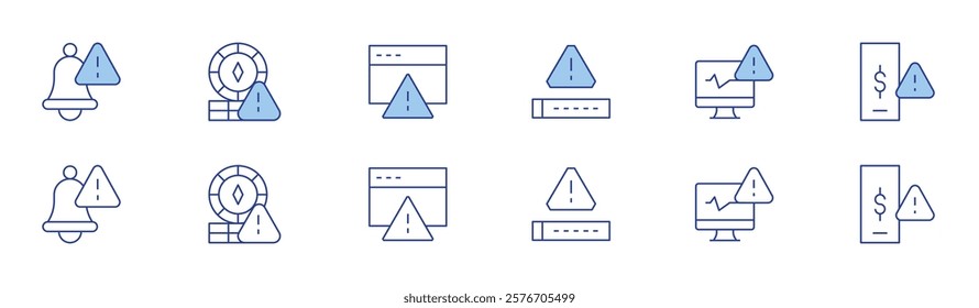 Risk icon set in two styles, Duotone and Thin Line style. Editable stroke. interruption, casino chips, password, caution, diagnostic, risk.