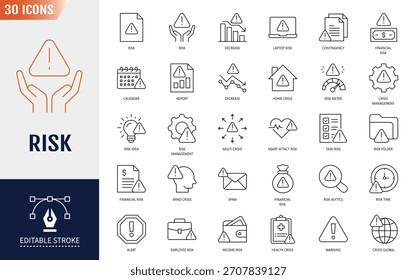 Risk icon set. Warning, alarm, and more. Outline Icon Collection. Vector illustration. Editable stroke