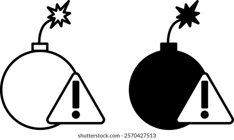 Risk Icons. Black and White Vector Illustrations. Bomb with Burning Fuse and Danger Sign. Risk in Business. Stock Market Concept