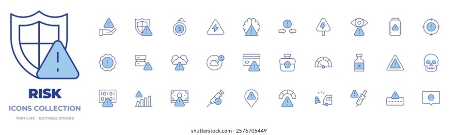 Risk icons collection. Line Duotone style, editable stroke. poison, confrontation, brain, credit card, bankruptcy, voltage, weather, hazardous, warning, risk management, server.