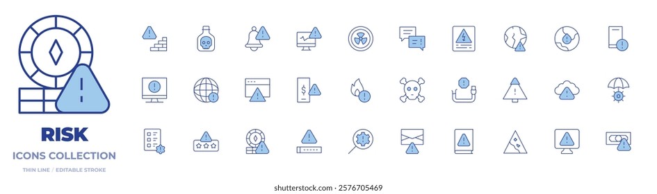 Risk icons collection. Line Duotone style, editable stroke. interruption, hazardous, alert, world, computer, caution, diagnostic, chat, poison, fire, risk.