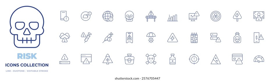 Risk icons collection. Thin Line icons, editable stroke. caution, poison, debt bomb, risk, hazardous, wet floor, credit card, snow, landslide, goal, password, server, voltage.