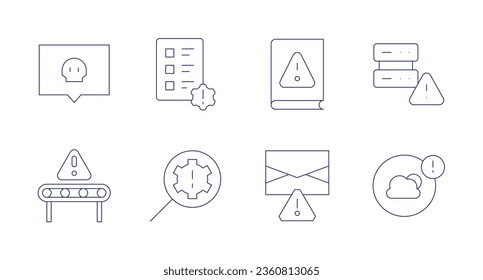 Risk icons. editable stroke. Containing evaluation, guidebook, identify, mail, production, server, toxic, weather.